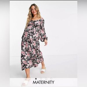 Missguided Maternity midaxi dress with ruched waist in black floral size 4
